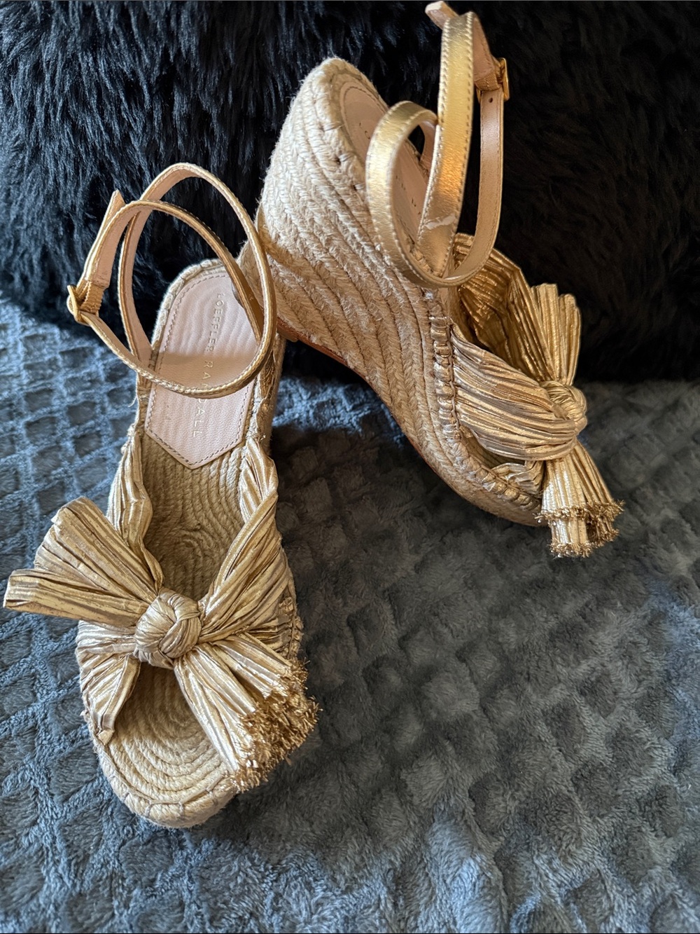 Loeffler Randall Metallic Gold Espadrille Wedge Sandals with Bow